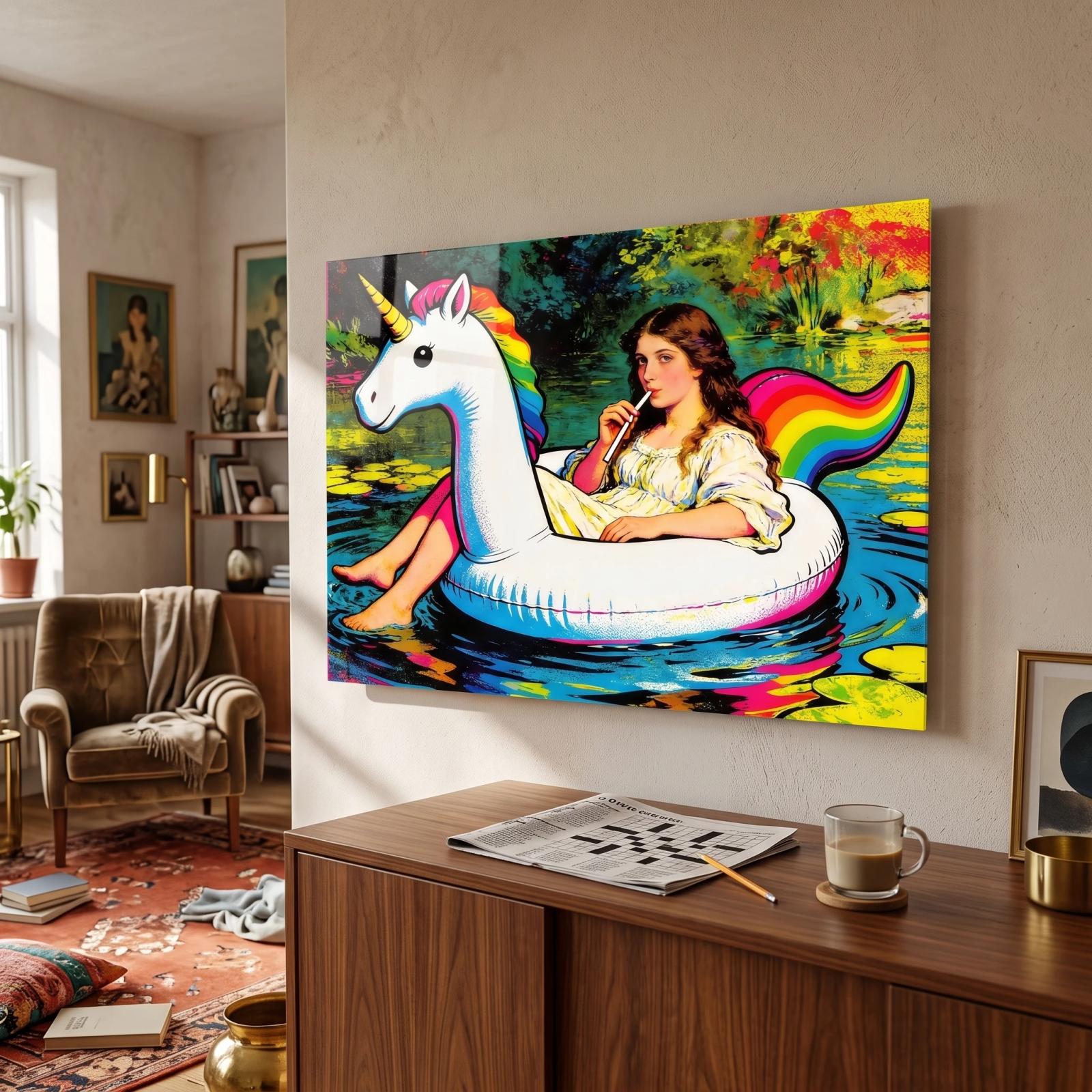 Whimsical Pop Portrait Unicorn Float Glass Wall Art