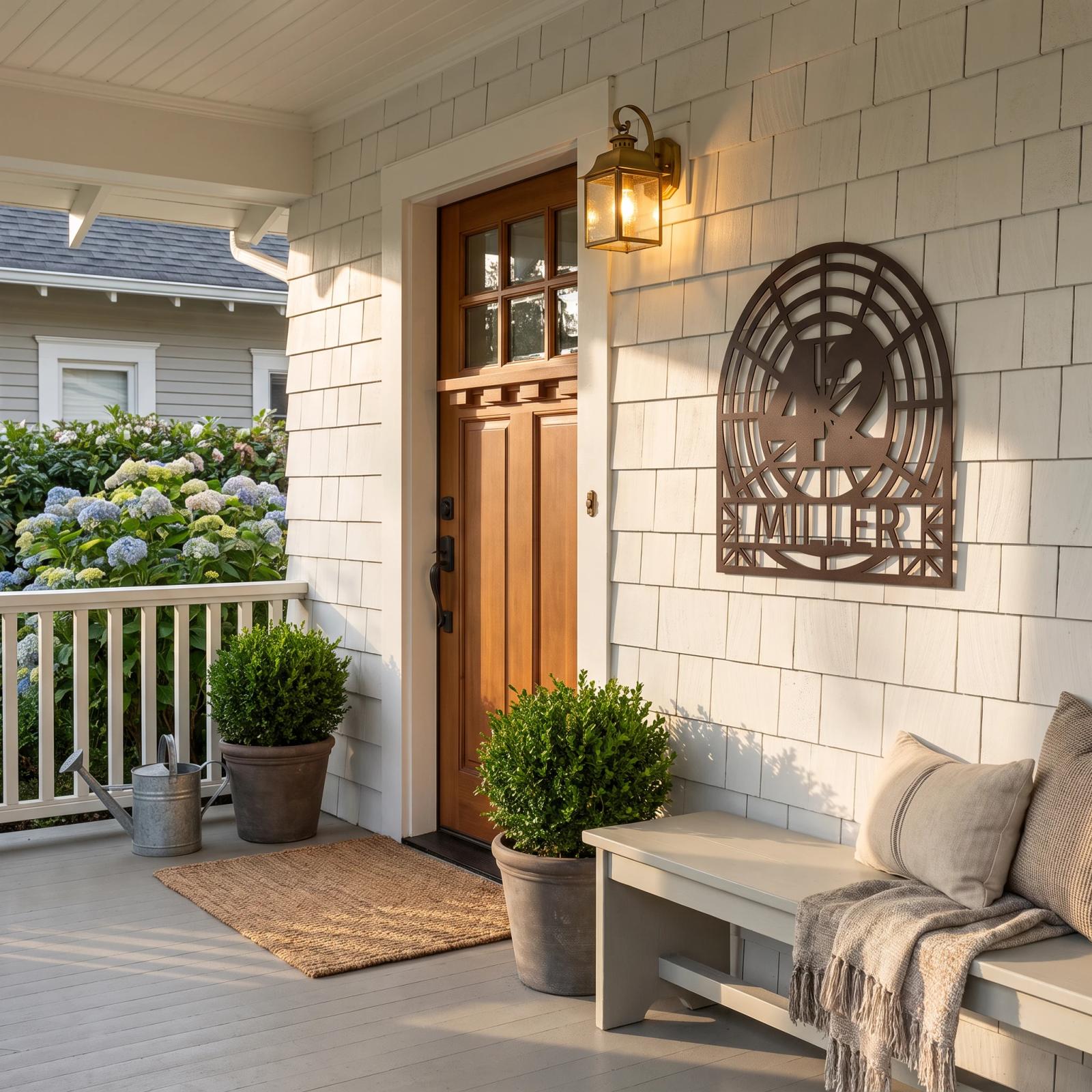 Personalized House Number Name Metal Wall Art – Radiant Homestead, Sunburst Entryway Decor