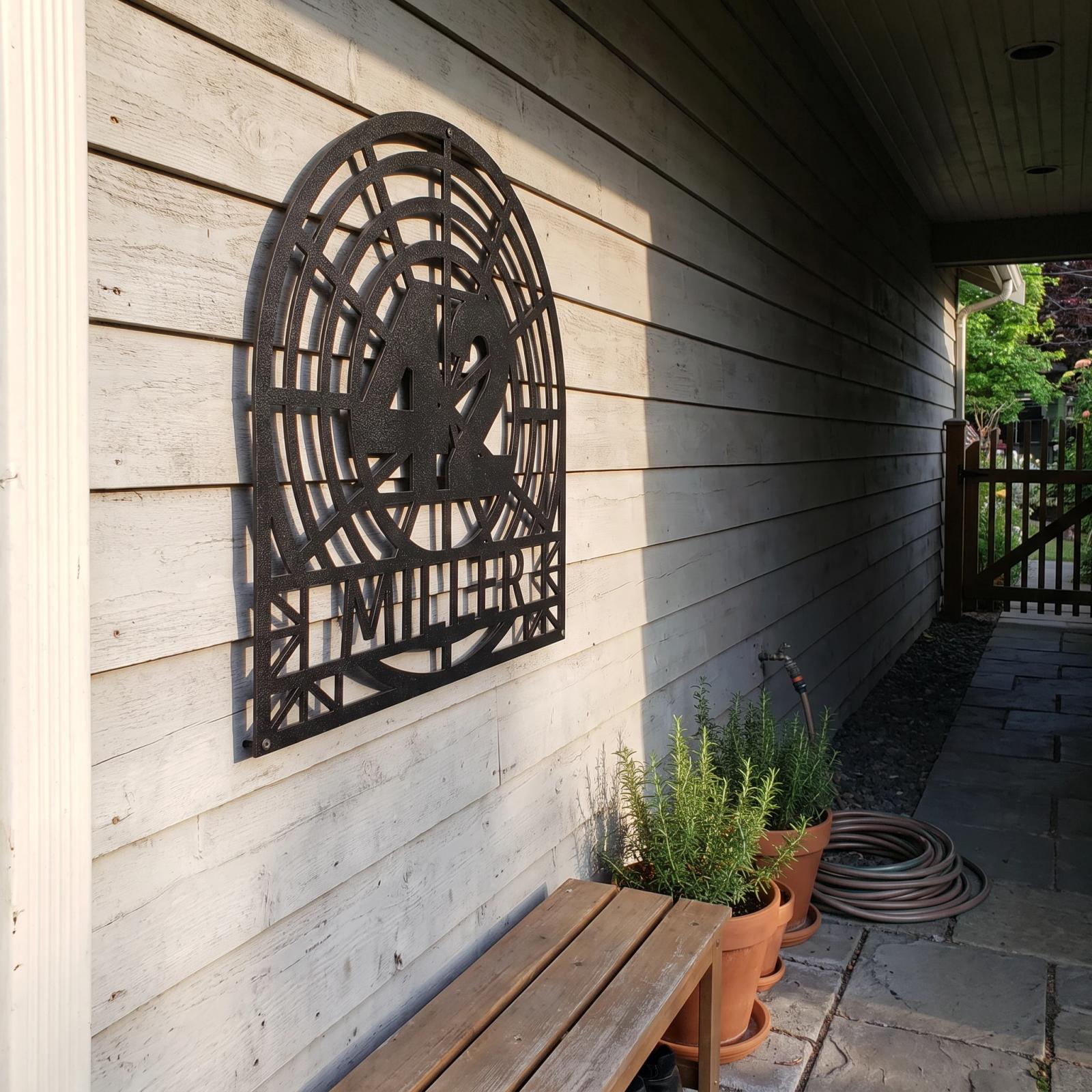 Personalized House Number Name Metal Wall Art – Radiant Homestead, Sunburst Entryway Decor — 4