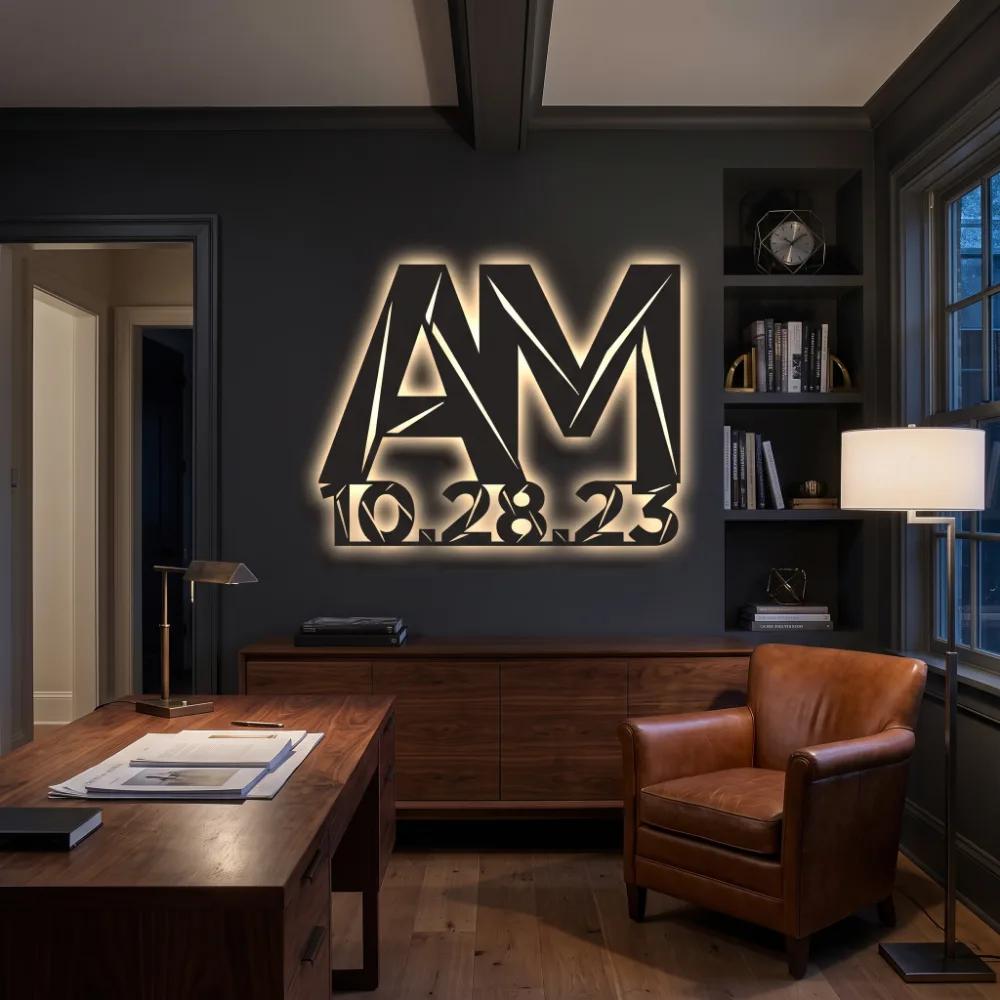 Custom Initials Date Metal Wall Art – Custom Modern Monogram, Living Room Decor