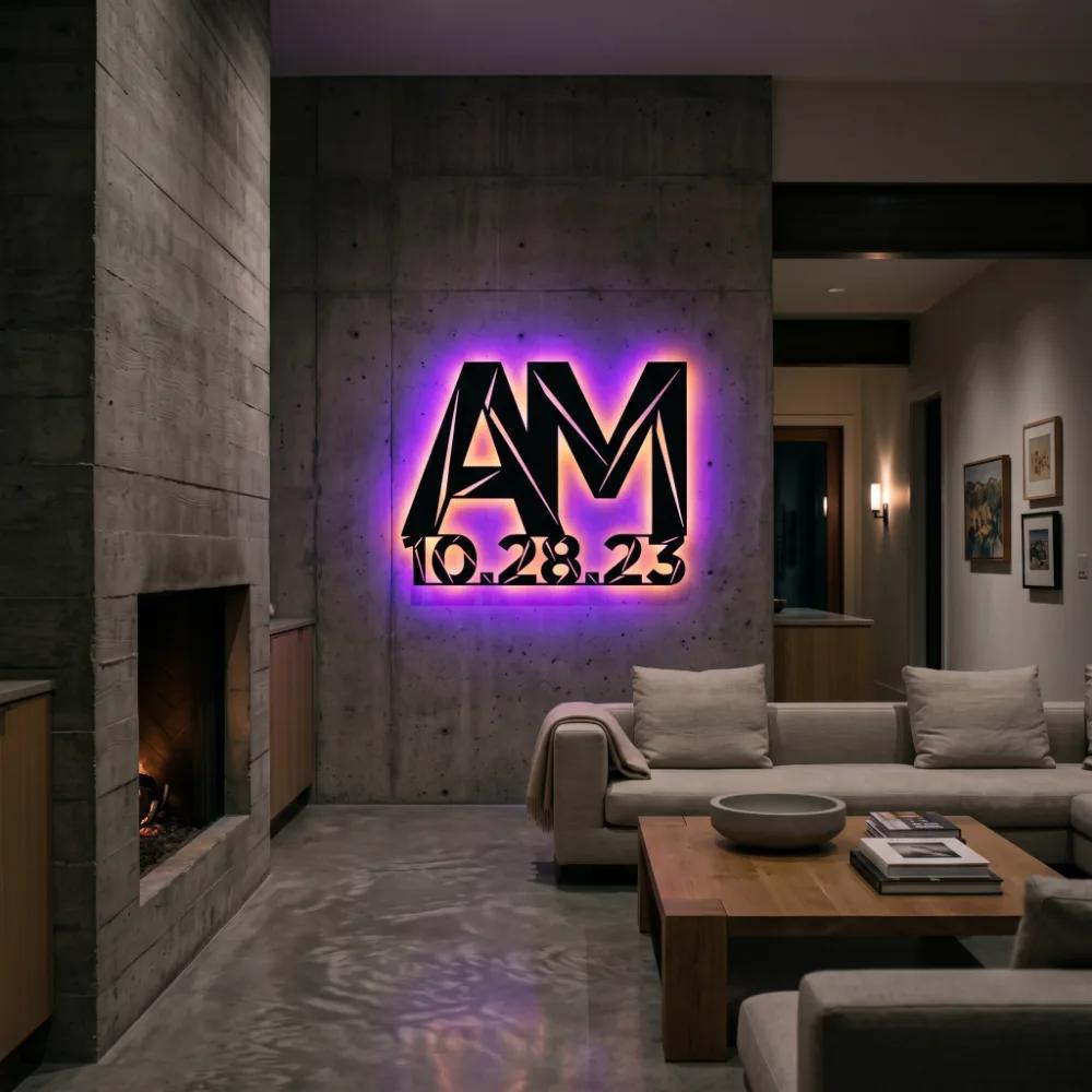 Custom Initials Date Metal Wall Art – Custom Modern Monogram, Living Room Decor — 2