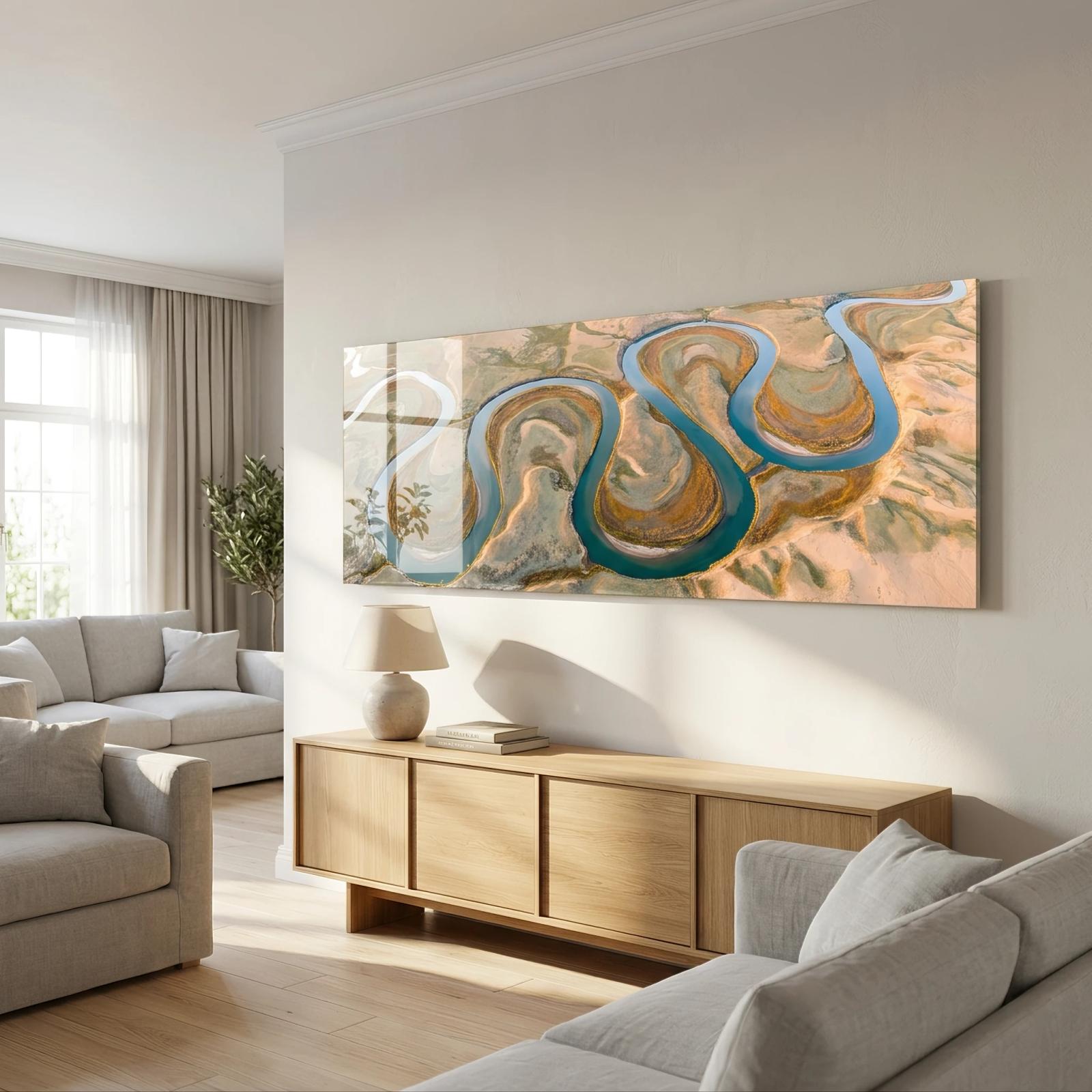 River Delta Aerial Landscape Teal Earth Tones | Glass Wall Art