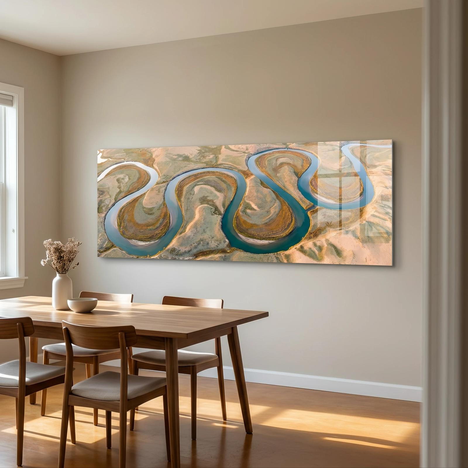 River Delta Aerial Landscape Teal Earth Tones | Glass Wall Art — 2