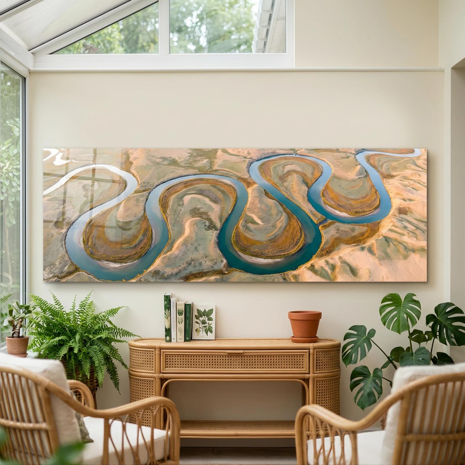 River Delta Aerial Landscape Teal Earth Tones | Glass Wall Art — 3