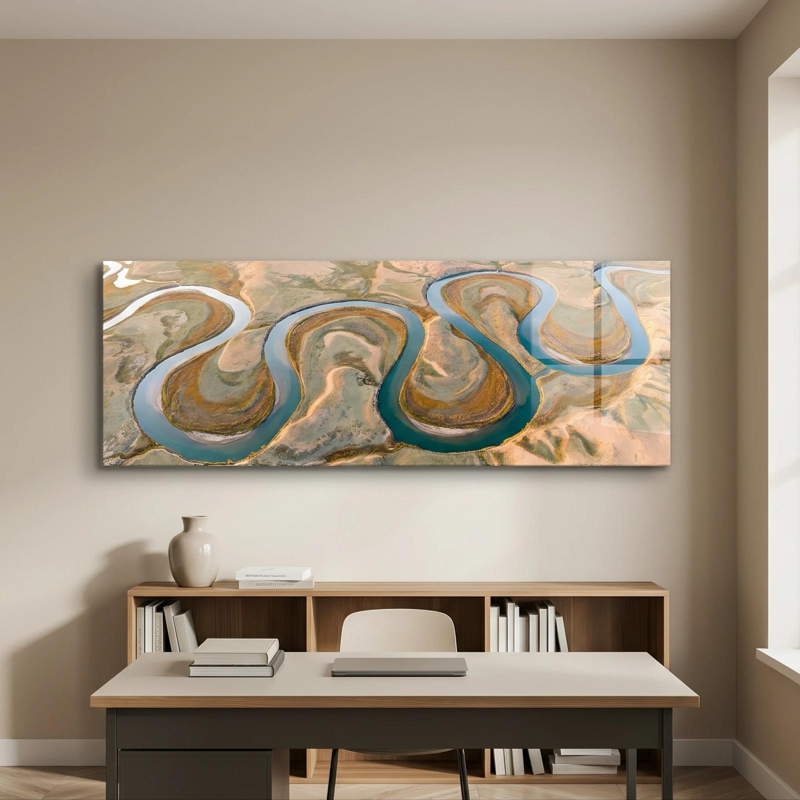 River Delta Aerial Landscape Teal Earth Tones | Glass Wall Art — 4