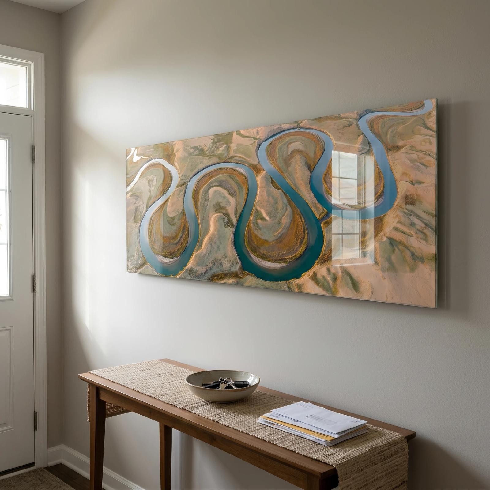 River Delta Aerial Landscape Teal Earth Tones | Glass Wall Art — 5