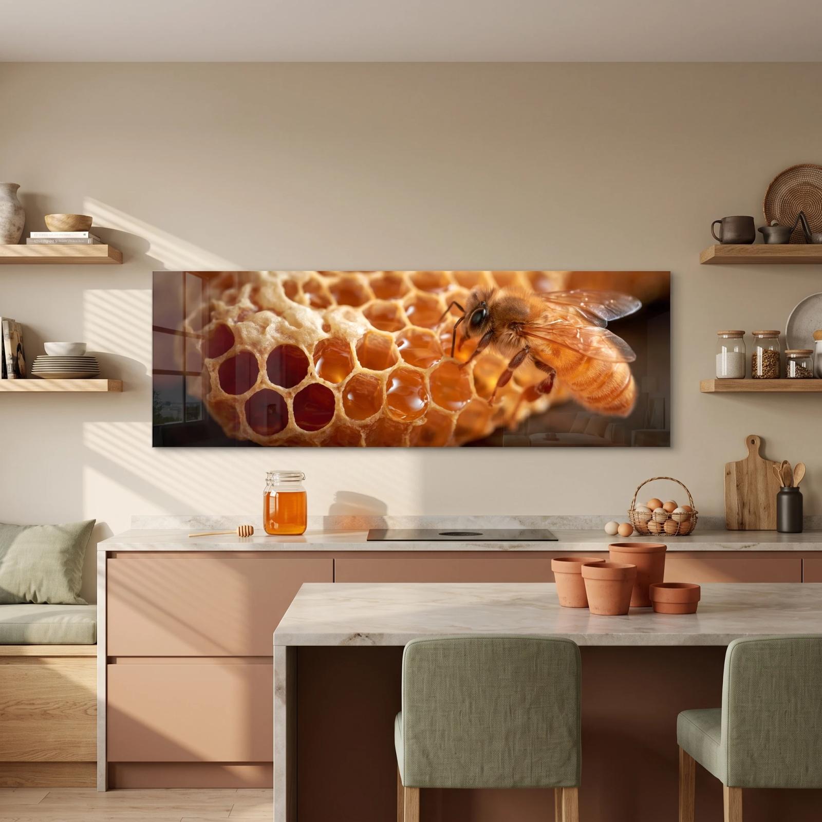 Honeybee Honeycomb Macro Photo Tempered Glass Wall Art