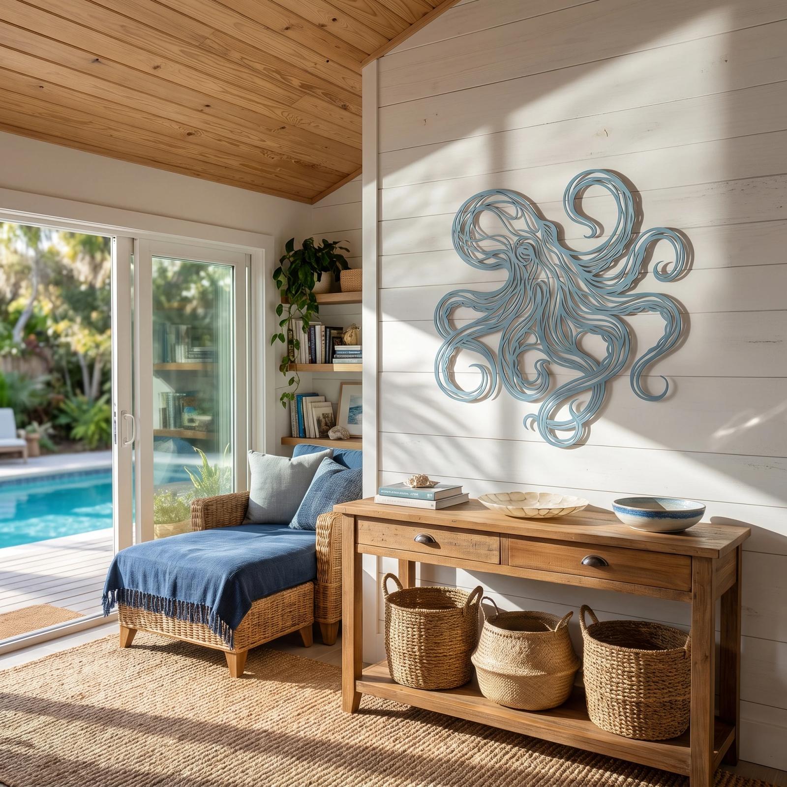 Octopus Metal Wall Art – Tidal Reach, Boho Coastal Living Room Decor