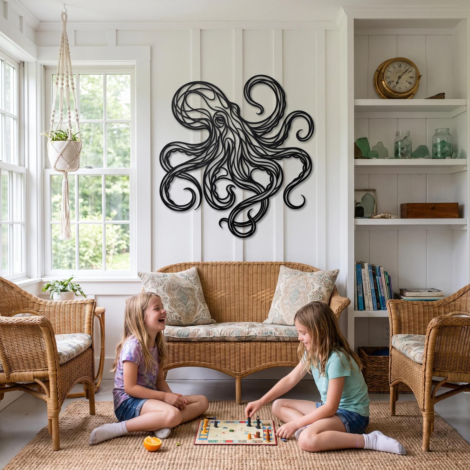 Octopus Metal Wall Art – Tidal Reach, Boho Coastal Living Room Decor — 7