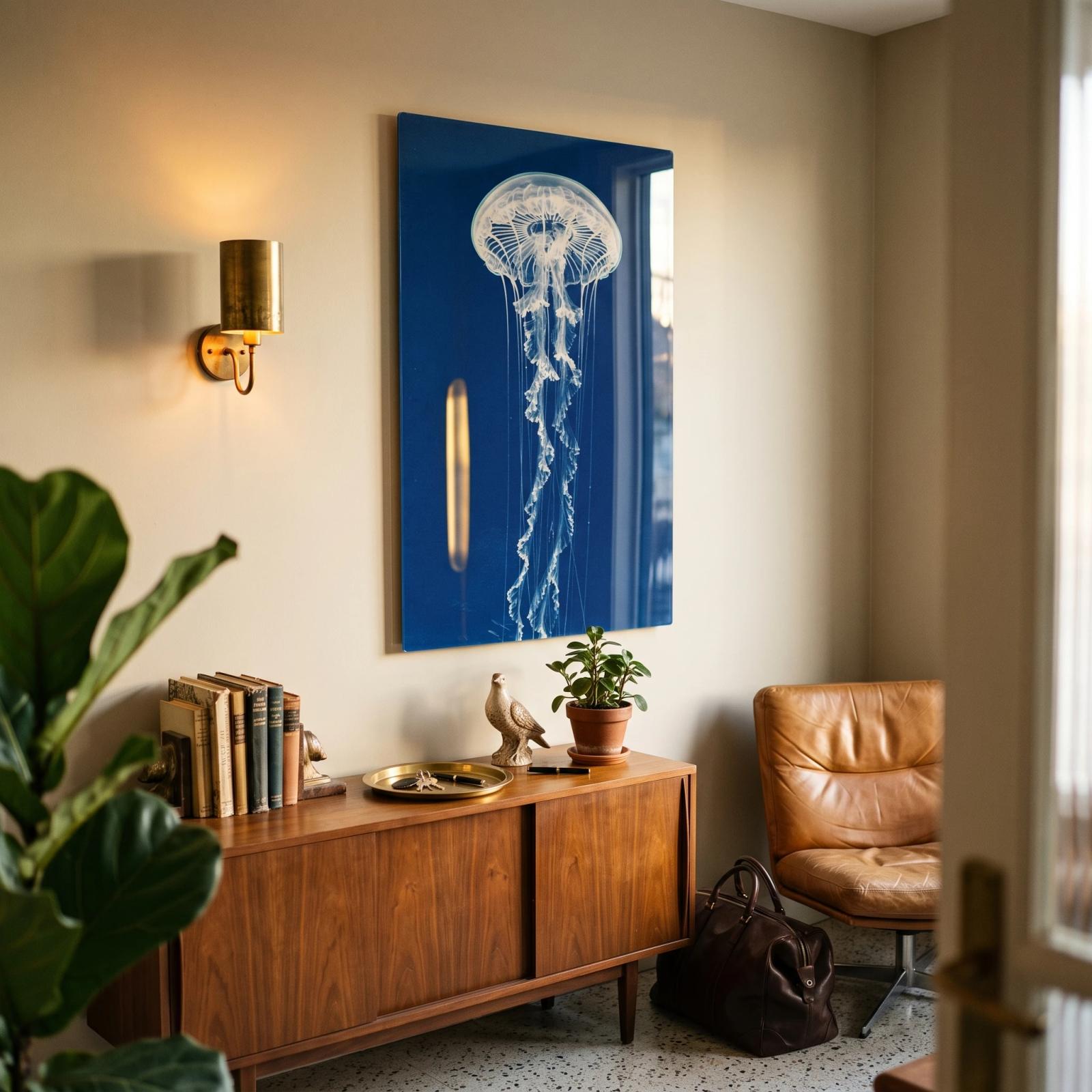 Jellyfish Glass Wall Art Cyanotype Ocean Tempered Glass Print — 2