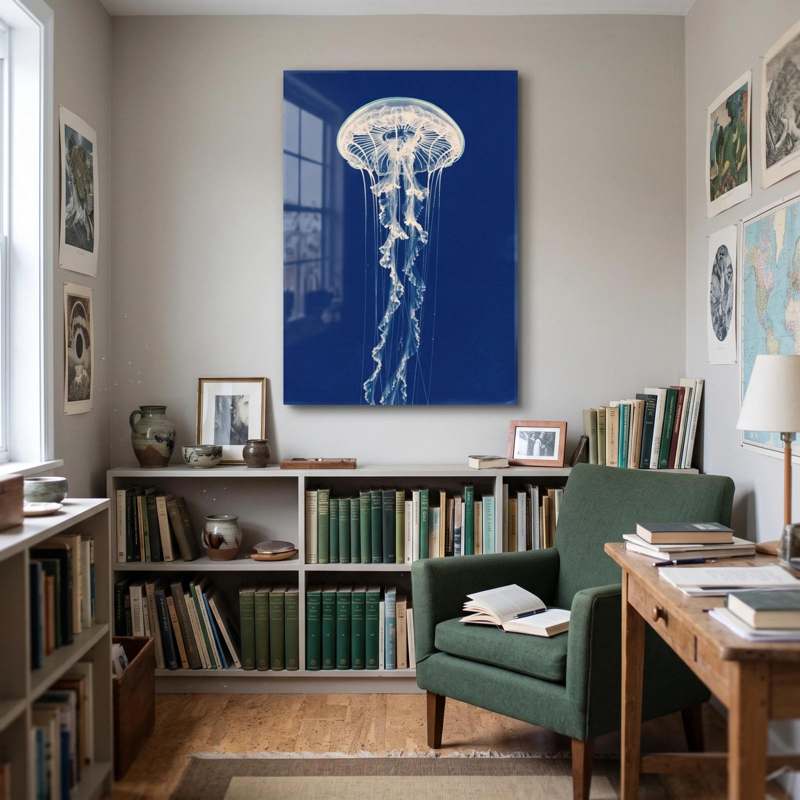 Jellyfish Glass Wall Art Cyanotype Ocean Tempered Glass Print — 3