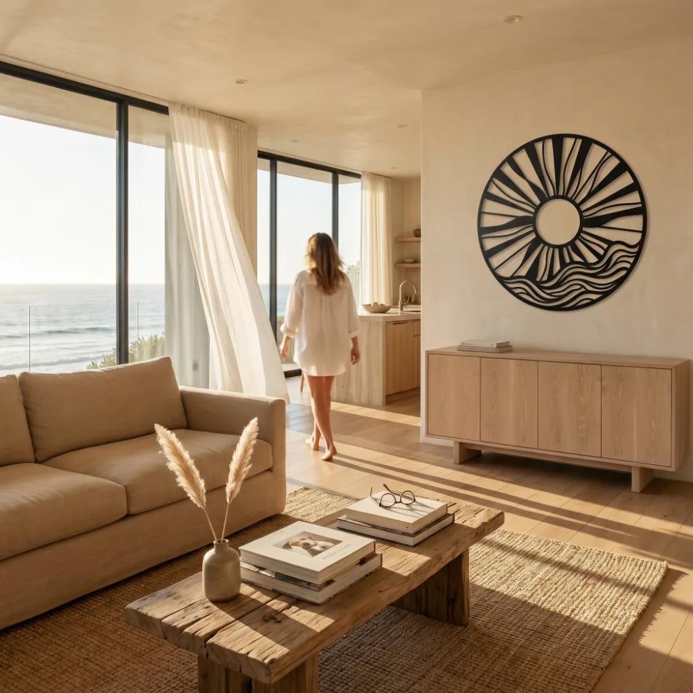 Sun and Waves Metal Wall Art – Radiant Horizon, Coastal Home Decor — 3