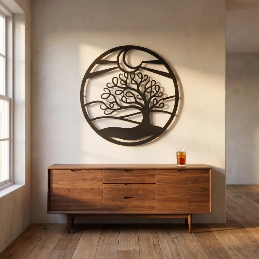 Tree of Life Metal Wall Art – Lunar Grove, Crescent Moon Living Room Decor