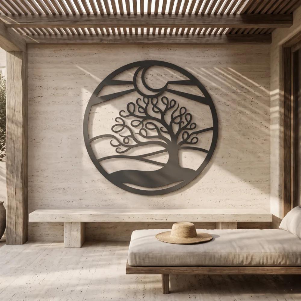Tree of Life Metal Wall Art – Lunar Grove, Crescent Moon Living Room Decor — 2