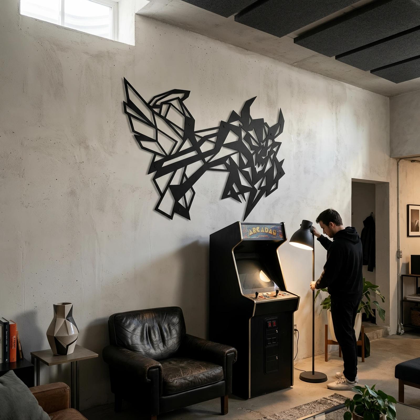 Abstract Geometric Beast Metal Wall Art – Chaos Dragon, Modern Gamer Room Decor — 3
