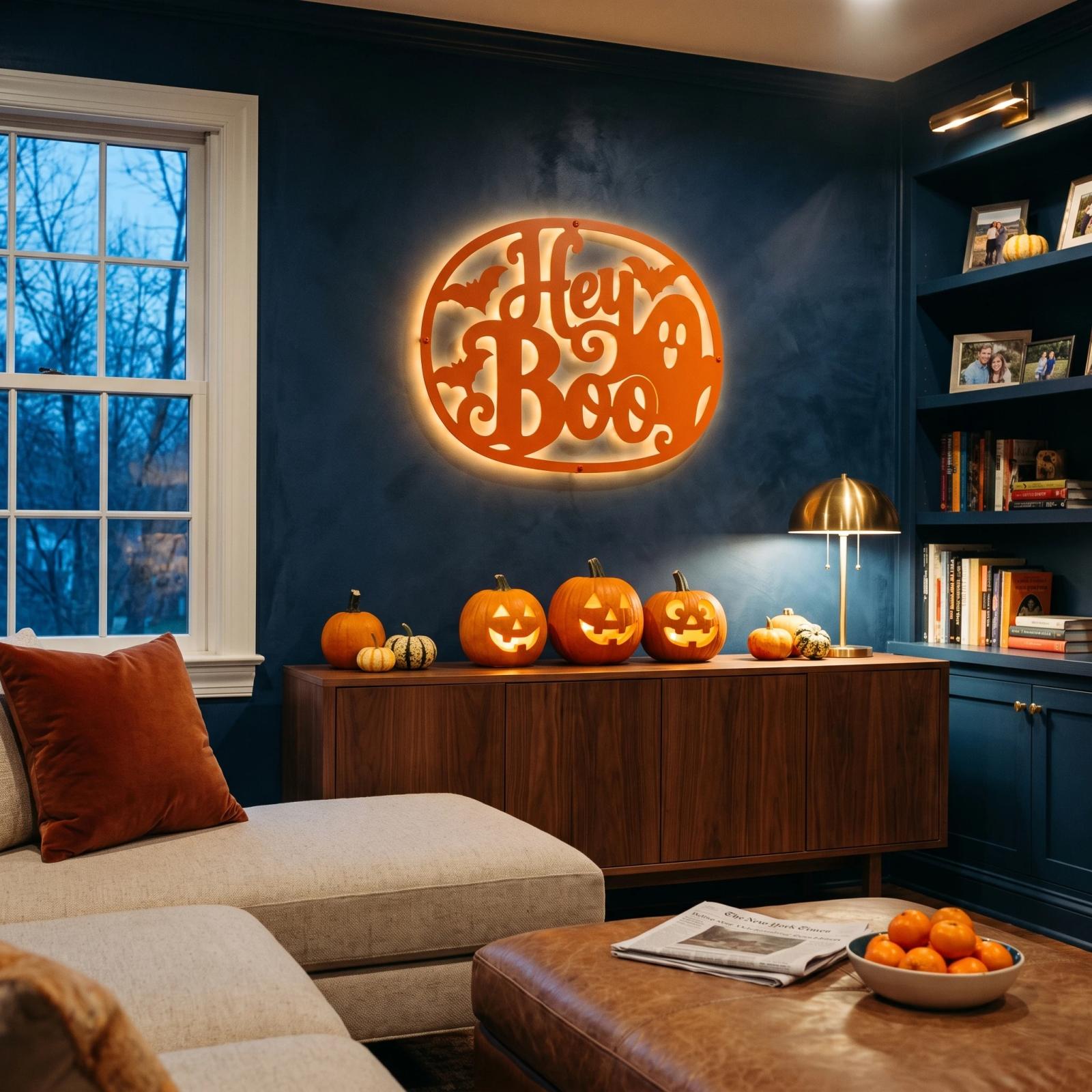 Hey Boo Ghost Halloween LED Metal Wall Art – Moonlit Hello, Front Porch & Living Room Decor