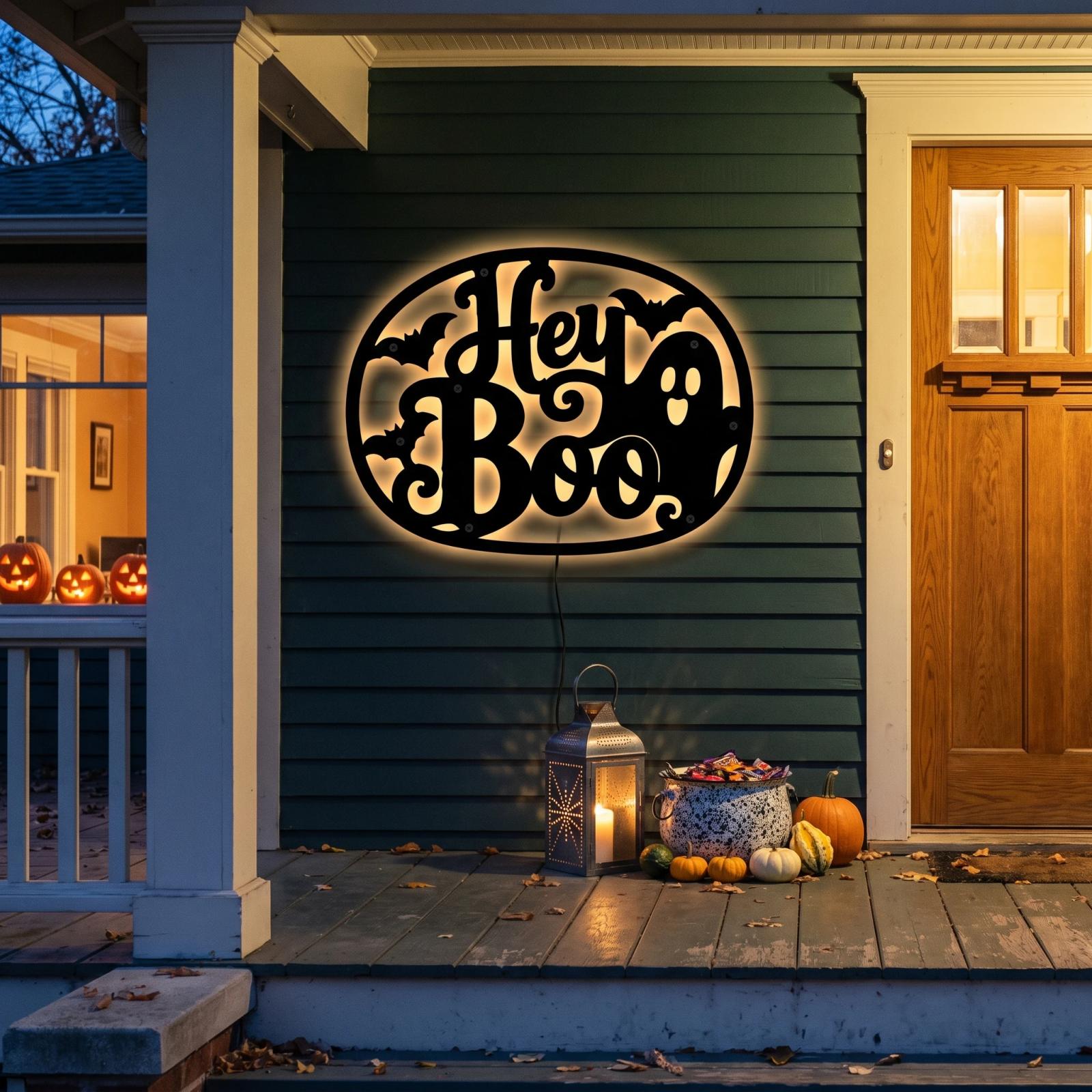 Hey Boo Ghost Halloween LED Metal Wall Art – Moonlit Hello, Front Porch & Living Room Decor — 4