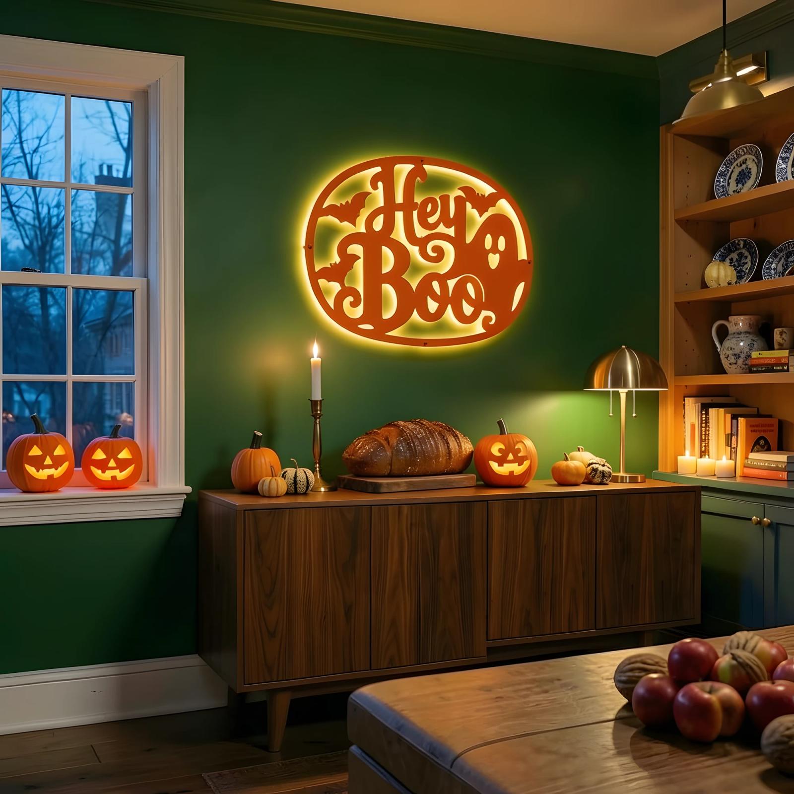 Hey Boo Ghost Halloween LED Metal Wall Art – Moonlit Hello, Front Porch & Living Room Decor — 5