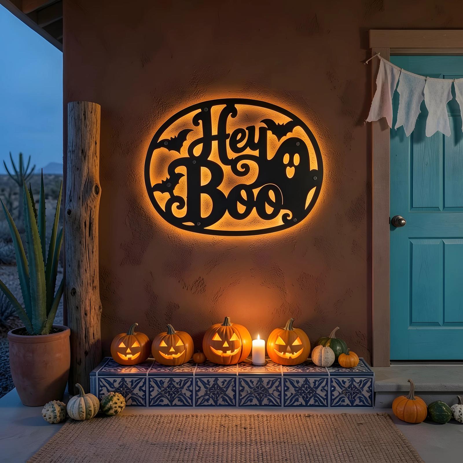 Hey Boo Ghost Halloween LED Metal Wall Art – Moonlit Hello, Front Porch & Living Room Decor — 6