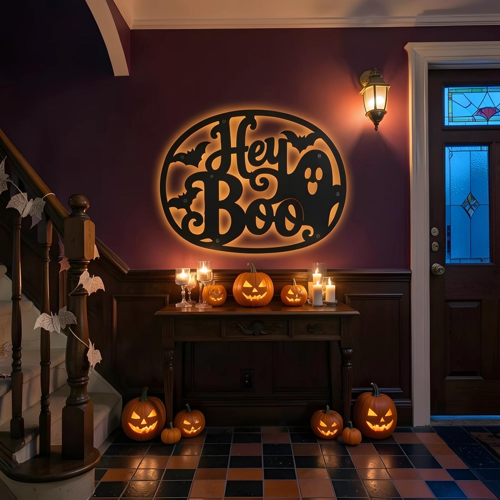 Hey Boo Ghost Halloween LED Metal Wall Art – Moonlit Hello, Front Porch & Living Room Decor — 9