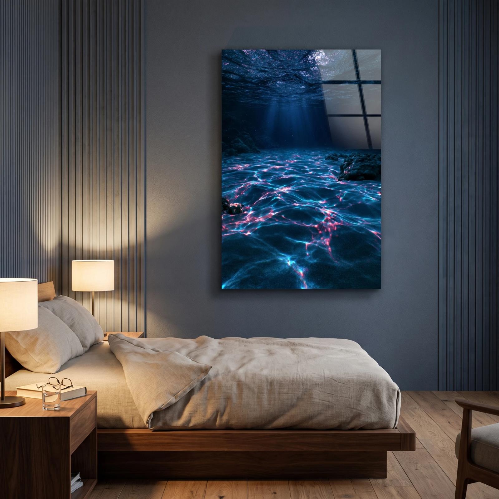 Underwater Ocean Glass Wall Art Neon Caustic Light | Tempered Glass Print