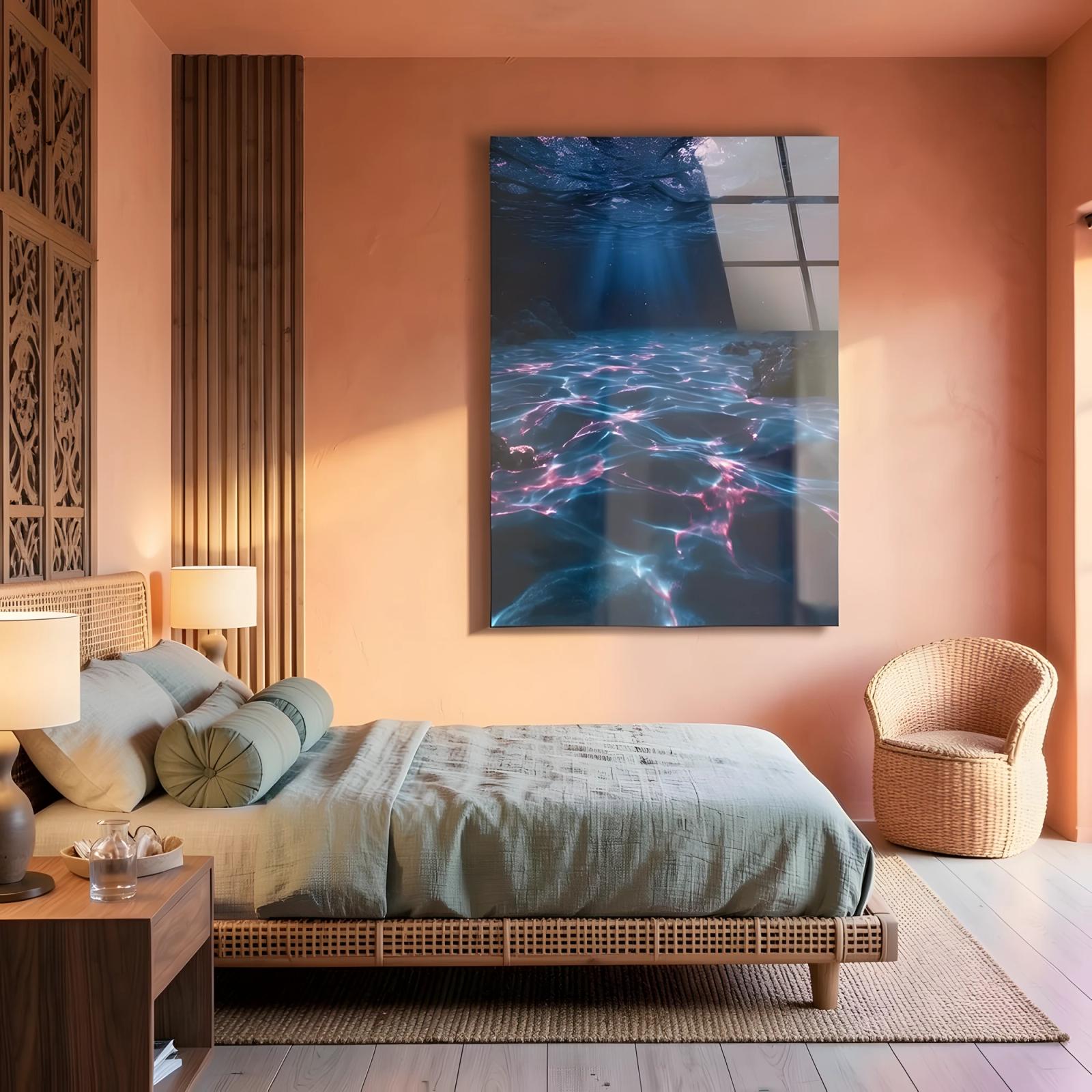 Underwater Ocean Glass Wall Art Neon Caustic Light | Tempered Glass Print — 4
