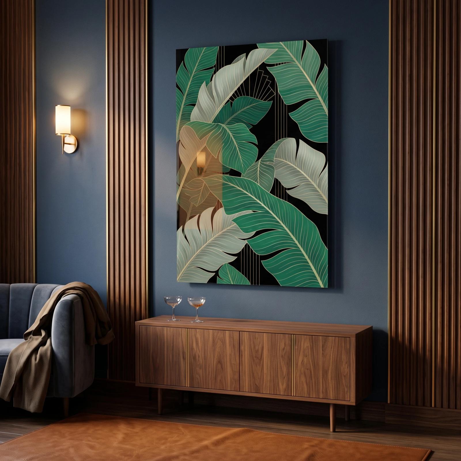 Tropical Leaf Art Deco Emerald Gold Botanical Glass Wall Art
