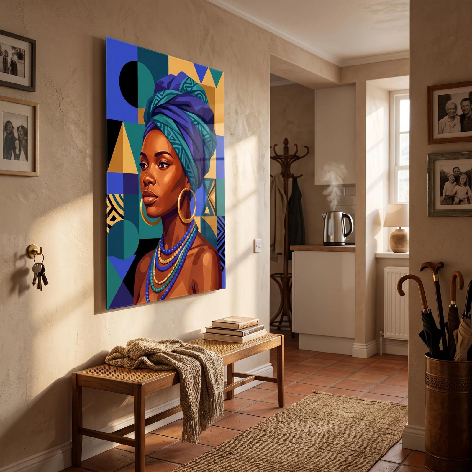 African Woman Portrait Geometric Boho Glass Wall Art