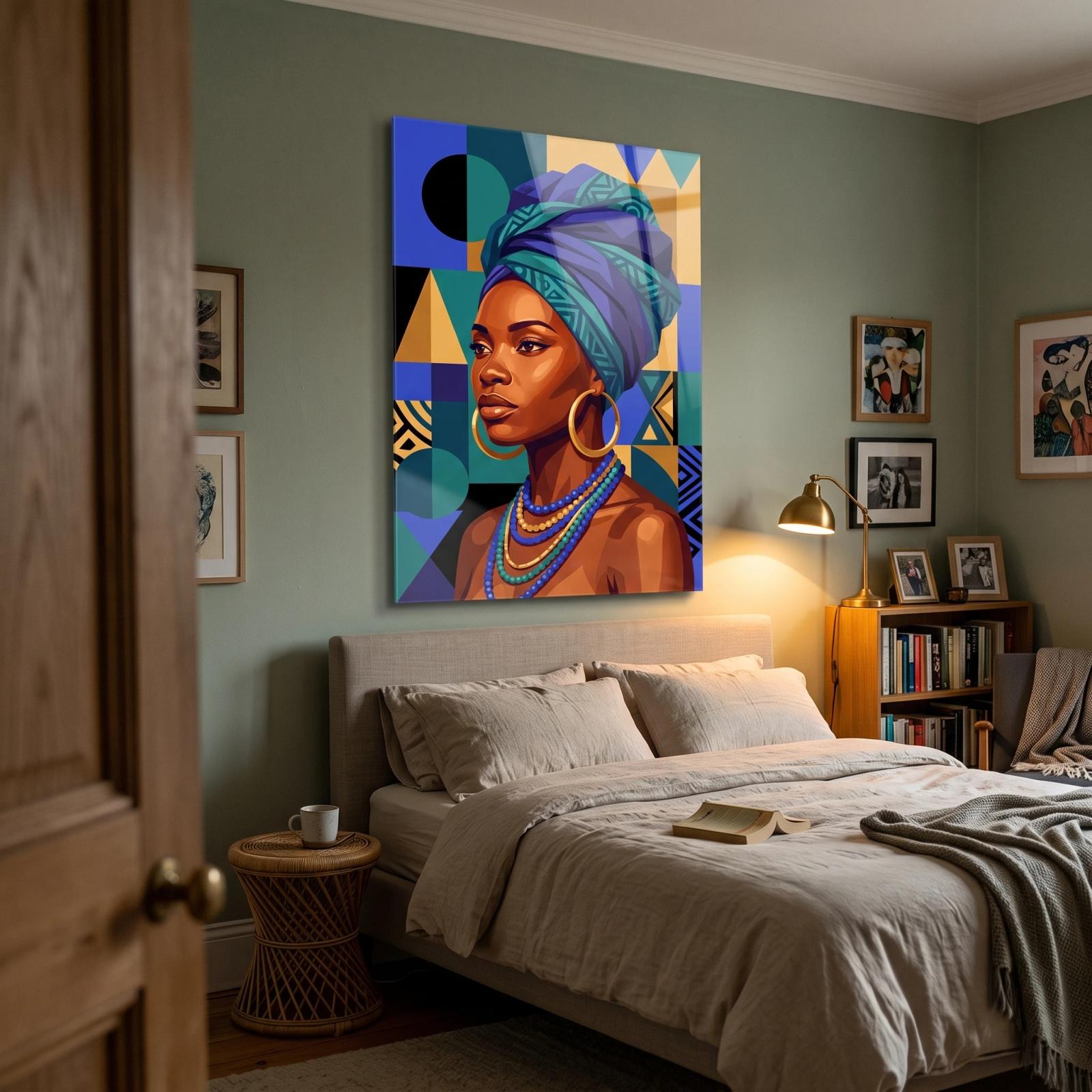 African Woman Portrait Geometric Boho Glass Wall Art — 2