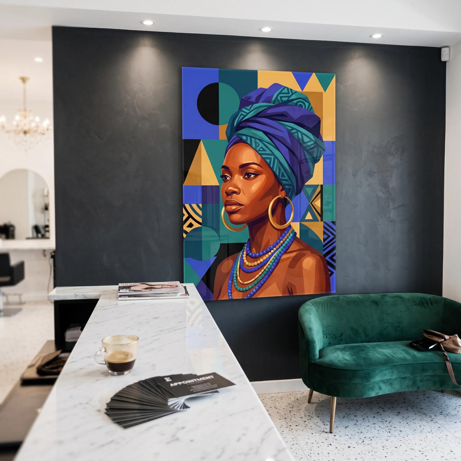 African Woman Portrait Geometric Boho Glass Wall Art — 3