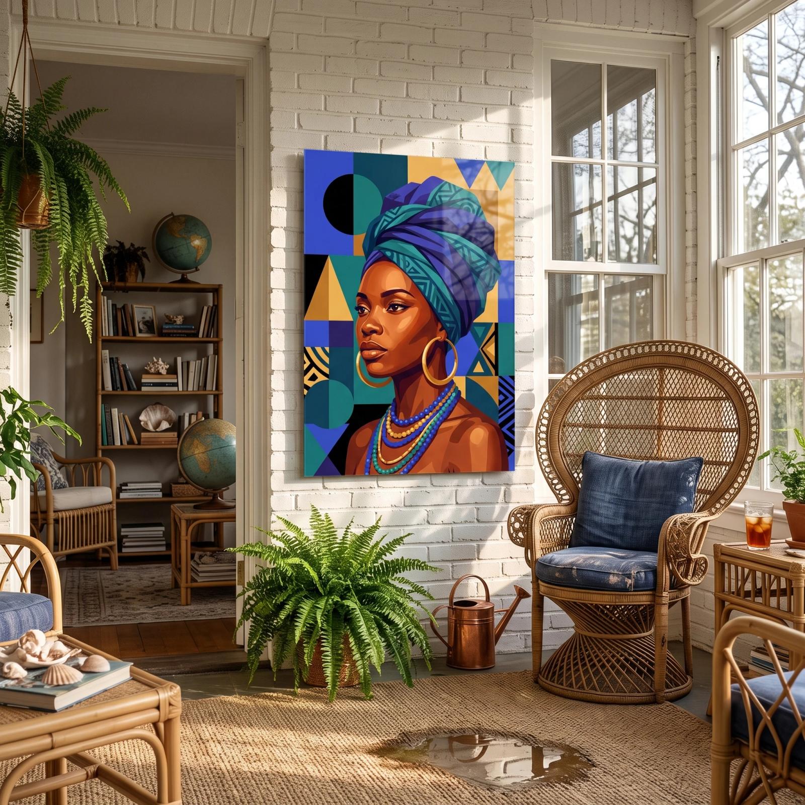 African Woman Portrait Geometric Boho Glass Wall Art — 4