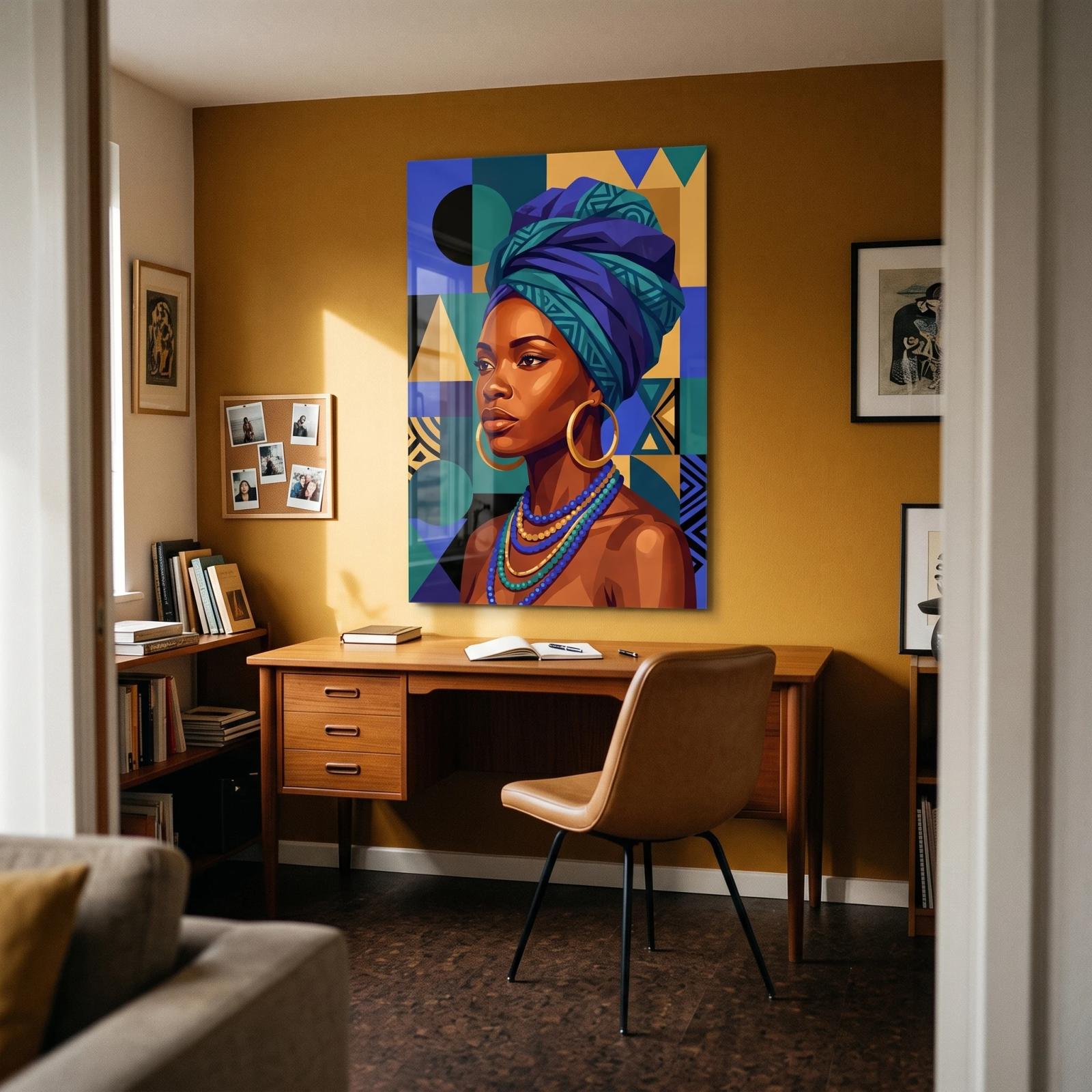 African Woman Portrait Geometric Boho Glass Wall Art — 5