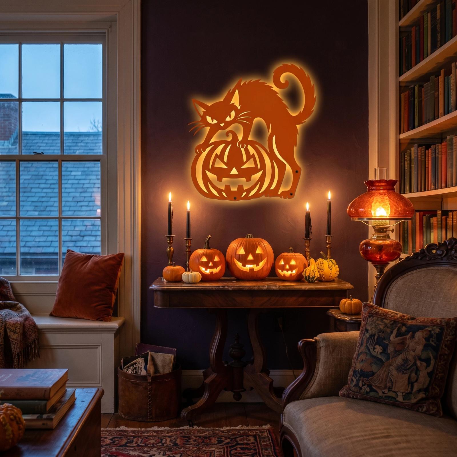 Black Cat Pumpkin Halloween LED Metal Wall Art – Lantern Keeper, Porch & Entryway Decor