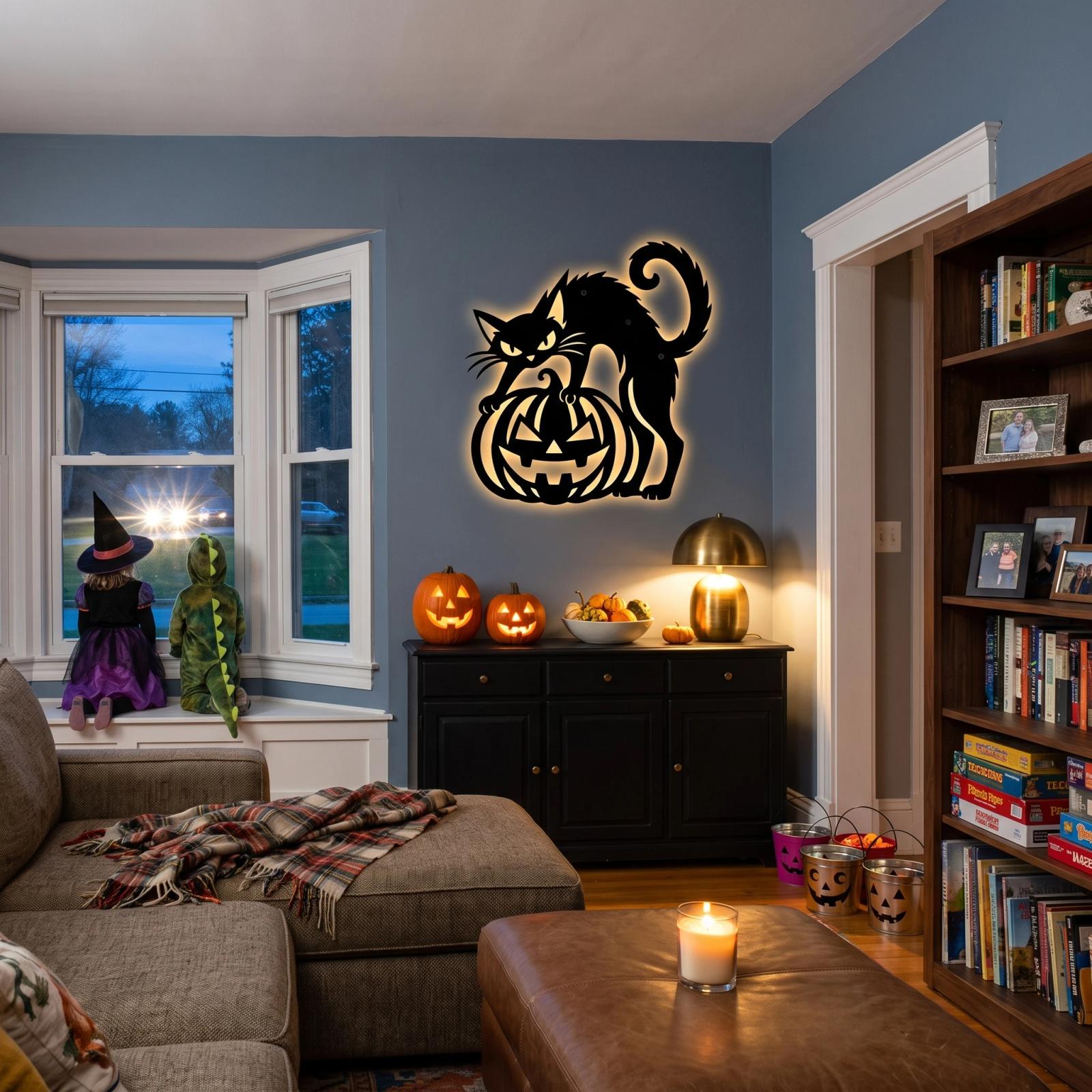 Black Cat Pumpkin Halloween LED Metal Wall Art – Lantern Keeper, Porch & Entryway Decor — 2