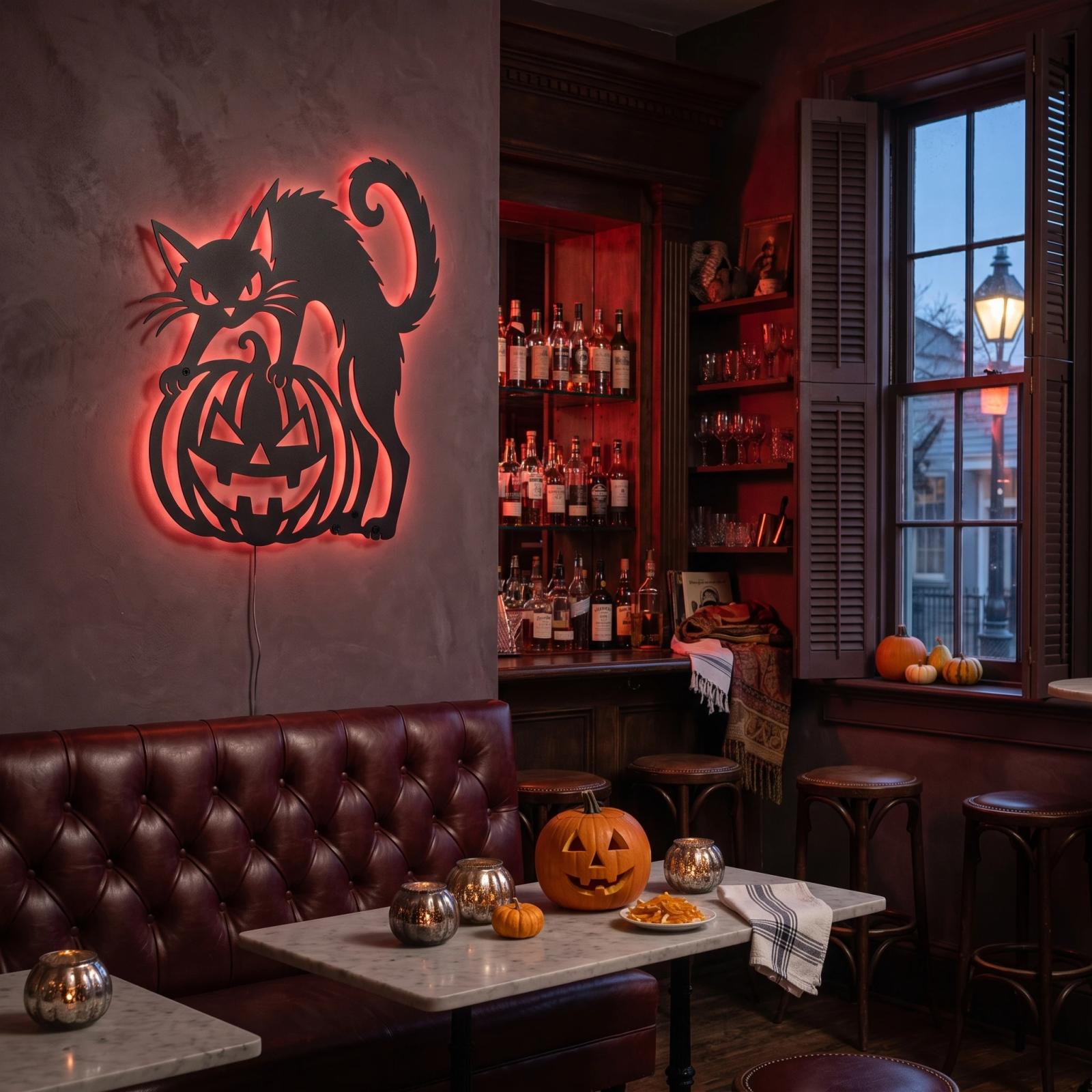 Black Cat Pumpkin Halloween LED Metal Wall Art – Lantern Keeper, Porch & Entryway Decor — 3