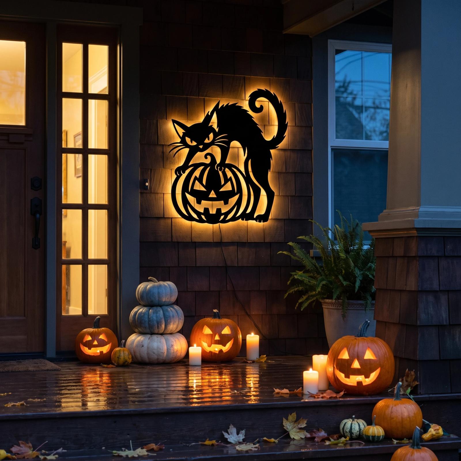 Black Cat Pumpkin Halloween LED Metal Wall Art – Lantern Keeper, Porch & Entryway Decor — 4