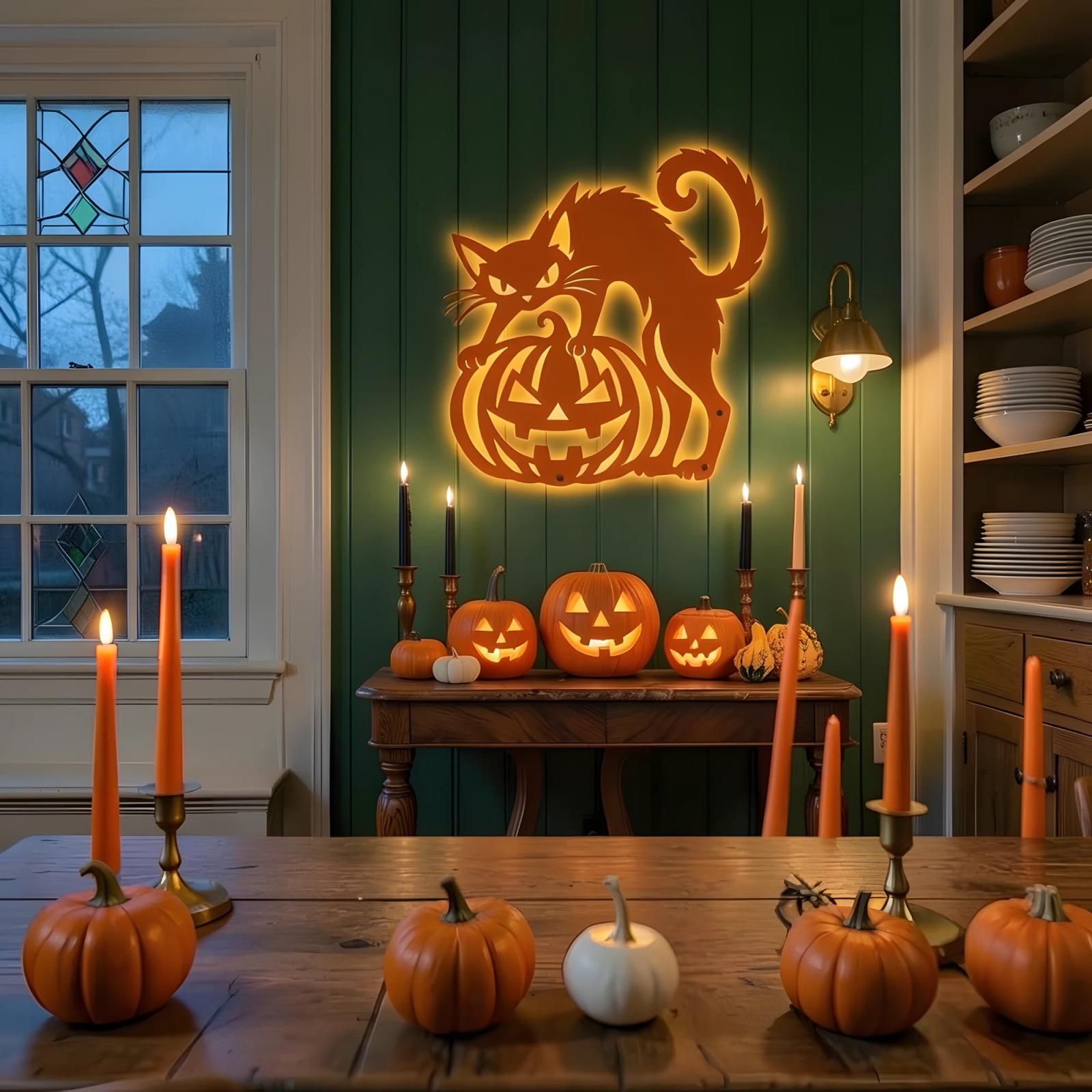 Black Cat Pumpkin Halloween LED Metal Wall Art – Lantern Keeper, Porch & Entryway Decor — 5