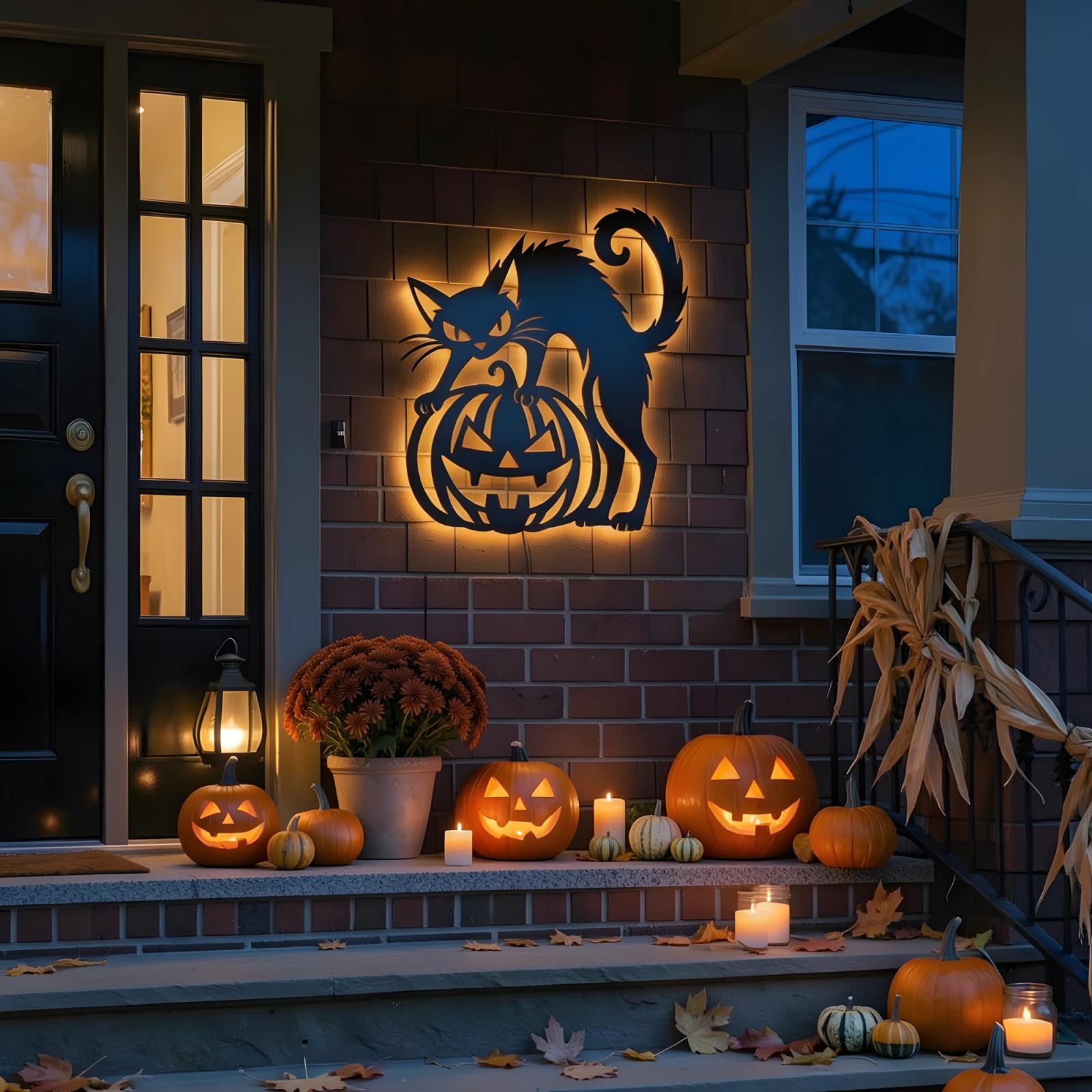 Black Cat Pumpkin Halloween LED Metal Wall Art – Lantern Keeper, Porch & Entryway Decor — 6