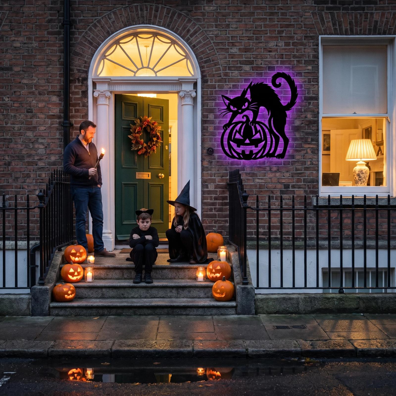 Black Cat Pumpkin Halloween LED Metal Wall Art – Lantern Keeper, Porch & Entryway Decor — 7