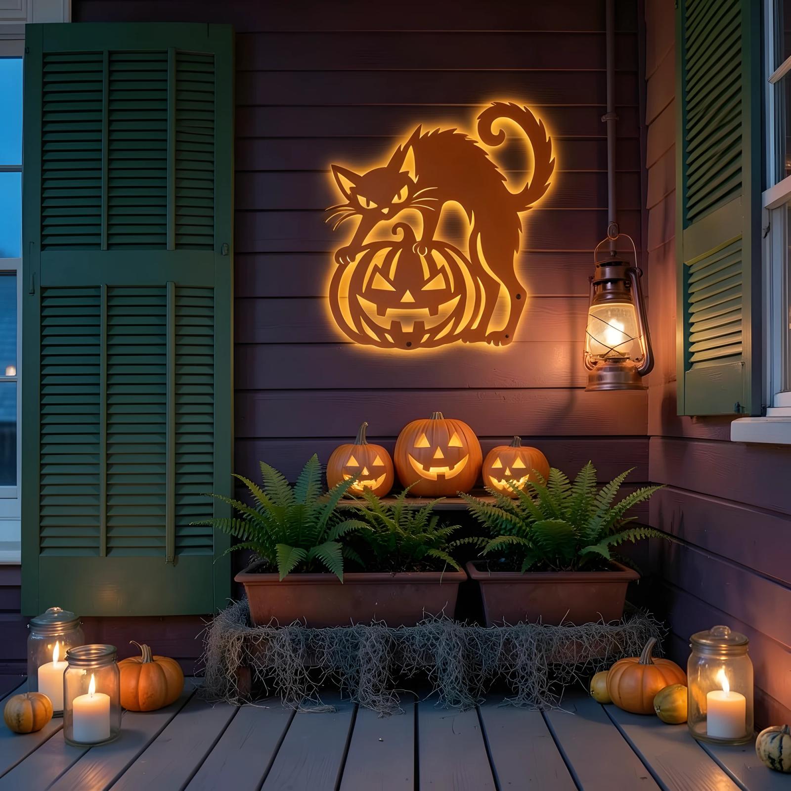 Black Cat Pumpkin Halloween LED Metal Wall Art – Lantern Keeper, Porch & Entryway Decor — 8