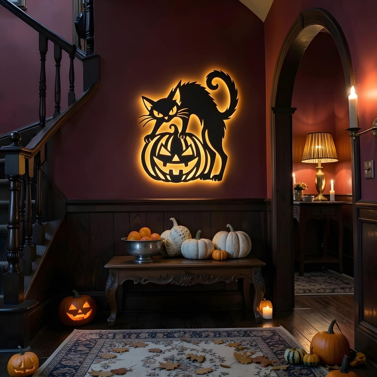 Black Cat Pumpkin Halloween LED Metal Wall Art – Lantern Keeper, Porch & Entryway Decor — 9