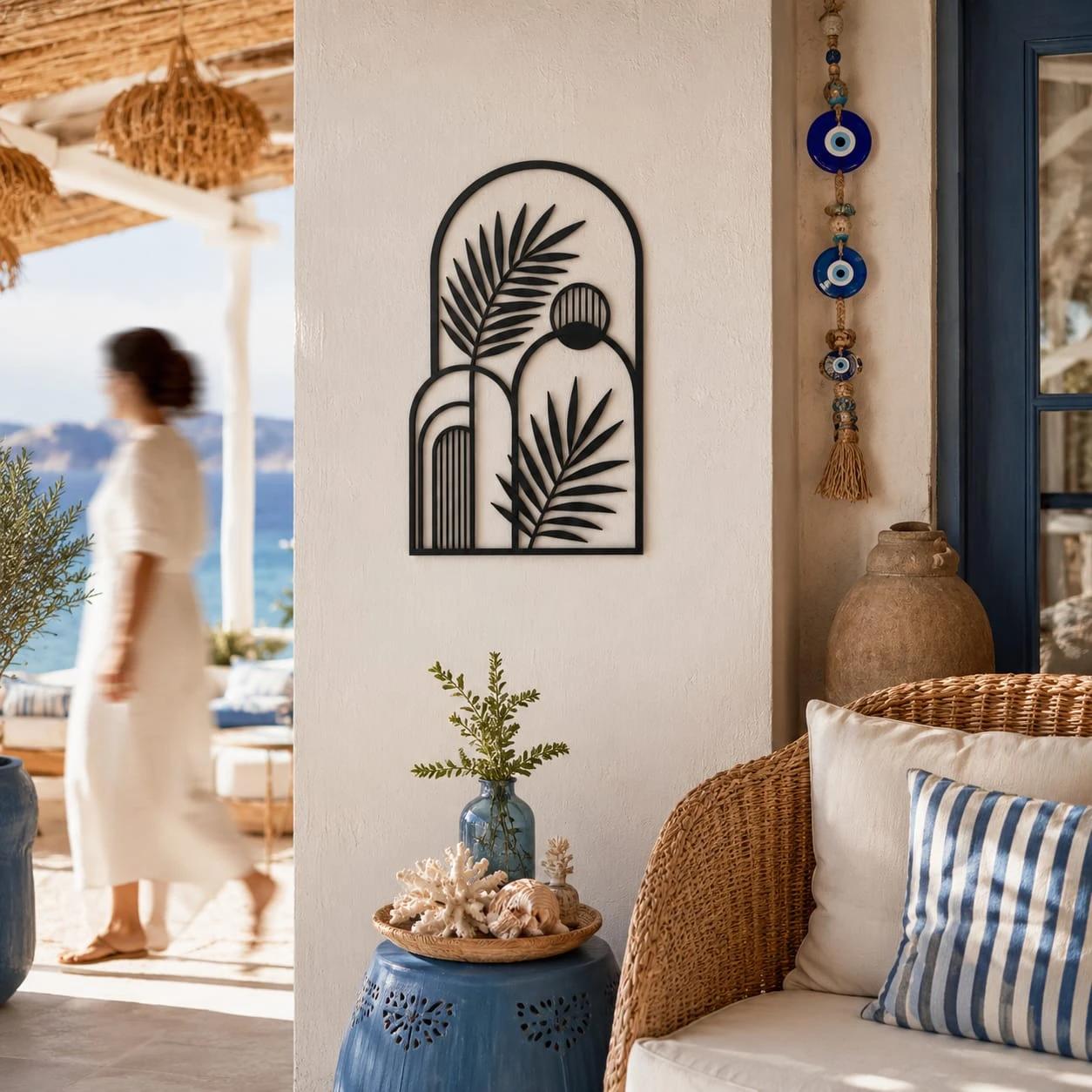 Boho Palm Arch Metal Wall Art – Arched Oasis, Modern Entryway Decor — 4