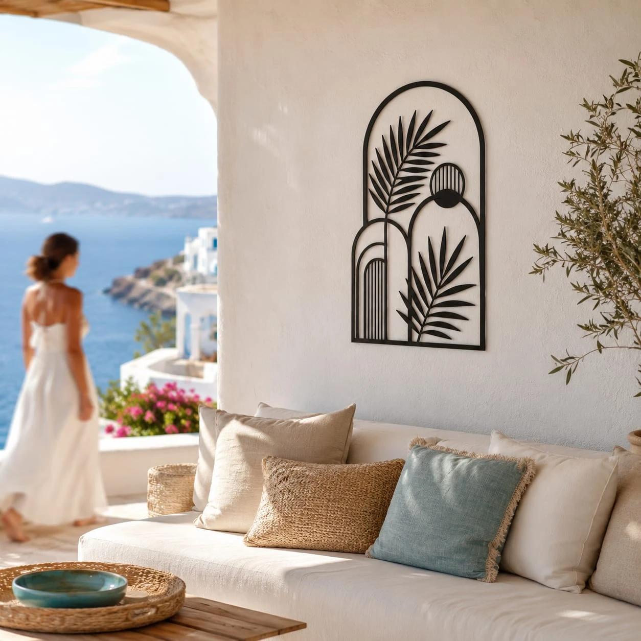 Boho Palm Arch Metal Wall Art – Arched Oasis, Modern Entryway Decor — 5