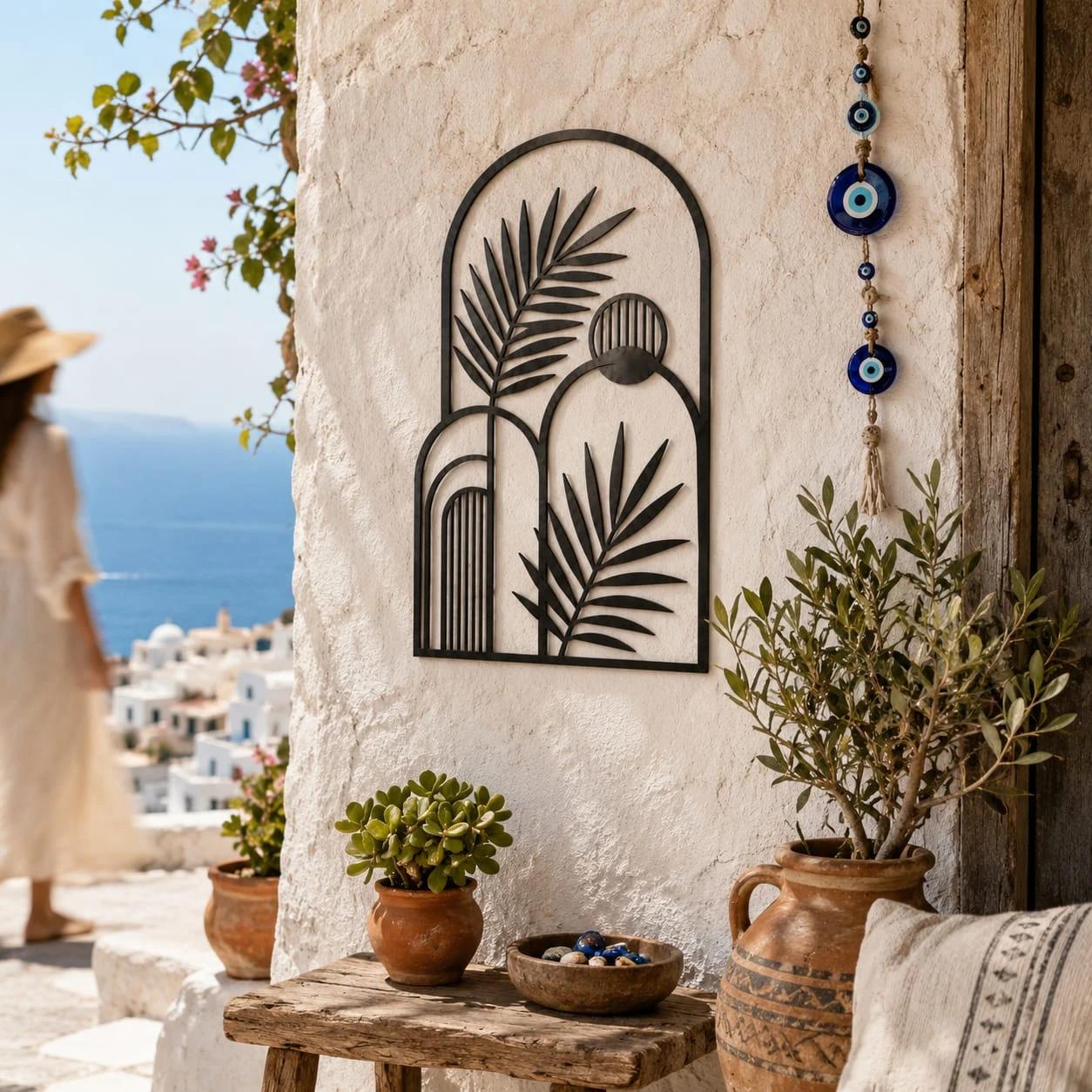 Boho Palm Arch Metal Wall Art – Arched Oasis, Modern Entryway Decor
