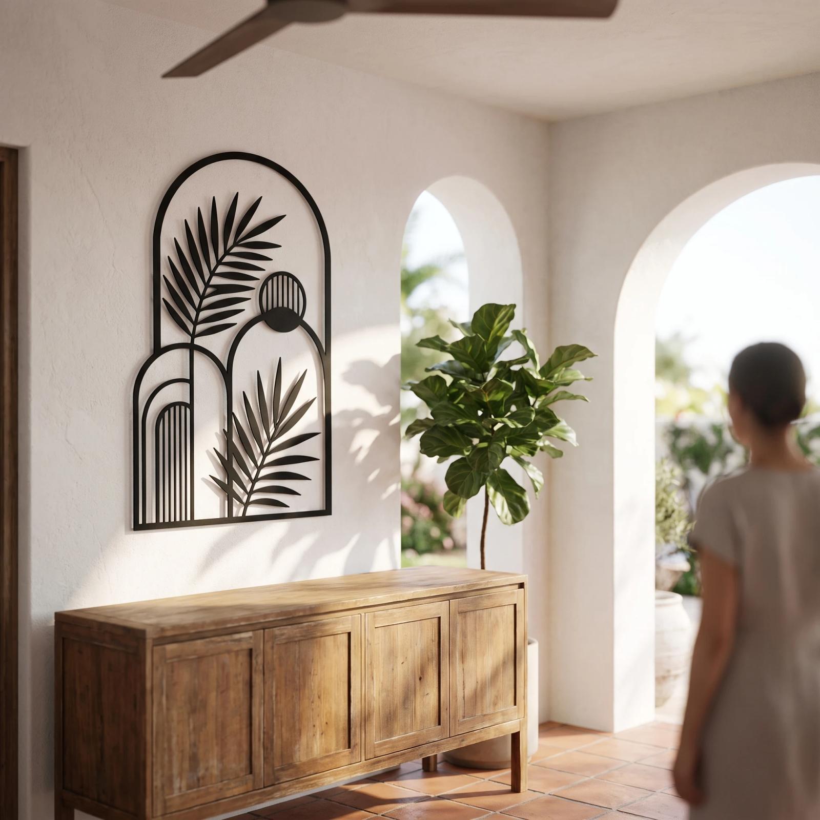 Boho Palm Arch Metal Wall Art – Arched Oasis, Modern Entryway Decor — 9