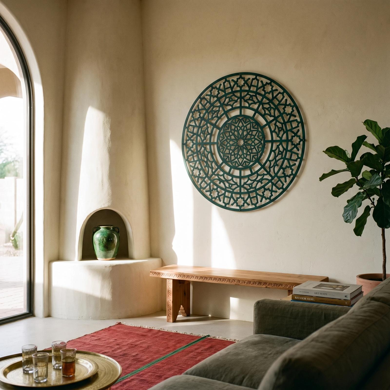 Moroccan Mandala Metal Wall Art Round Geometric Rosette – Alhambra Bloom, Living Room Decor