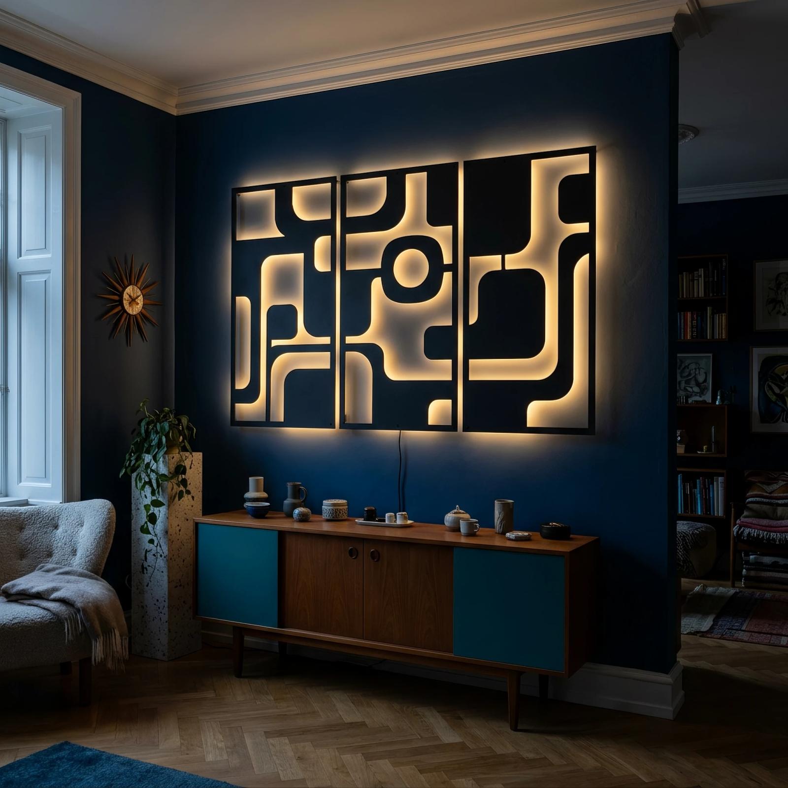 Mid Century Modern Metal Wall Art Backlit LED Triptych – Atomic Orbit, Living Room Decor
