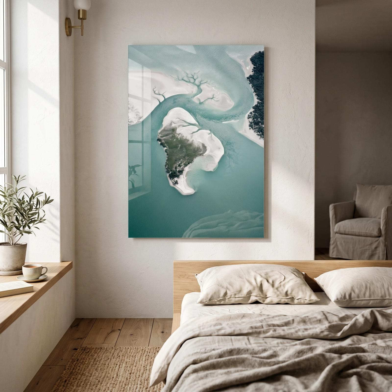 Aerial Coastal Sandbank Teal Water Glass Wall Art