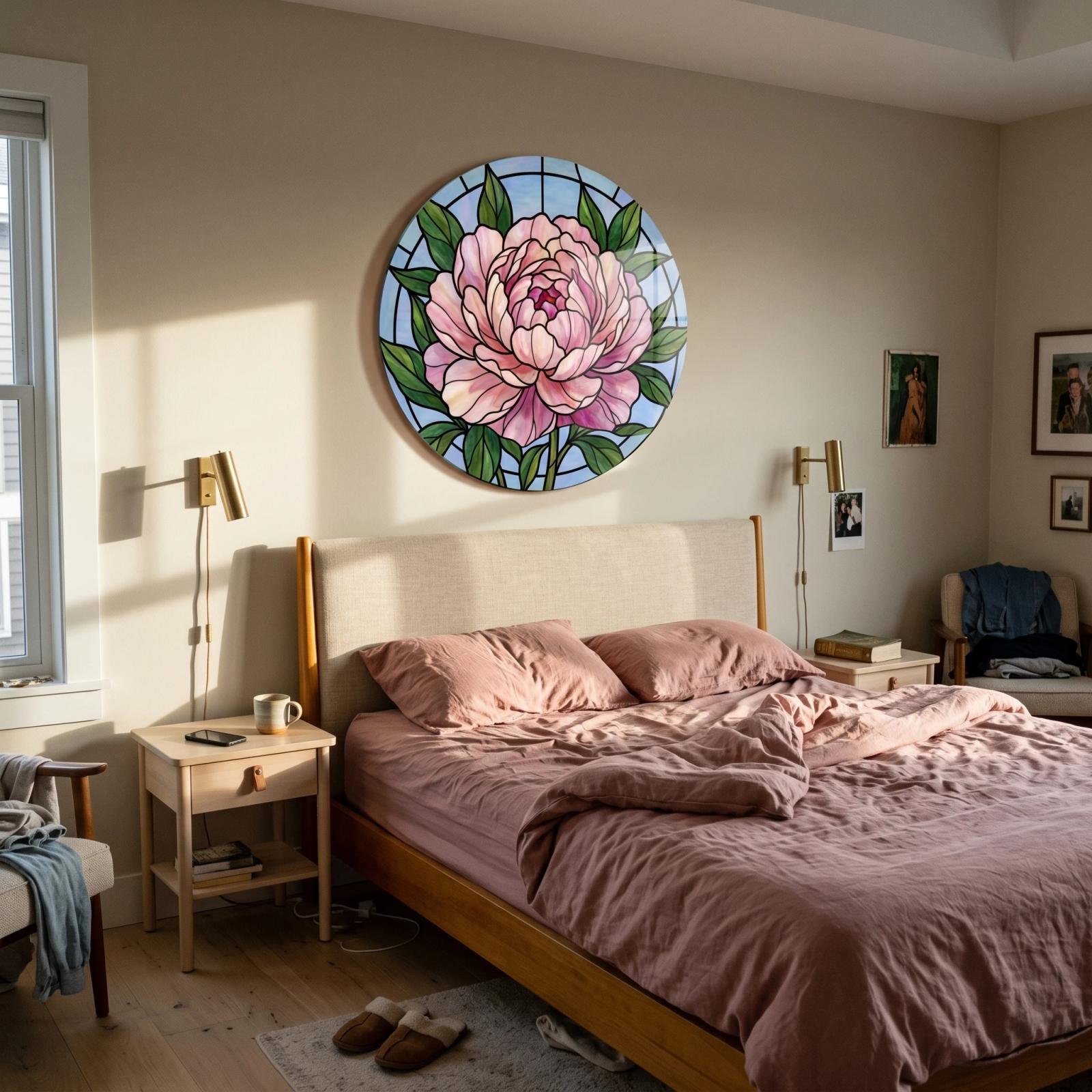 Stained Glass Peony Floral Round Tempered Glass Wall Art