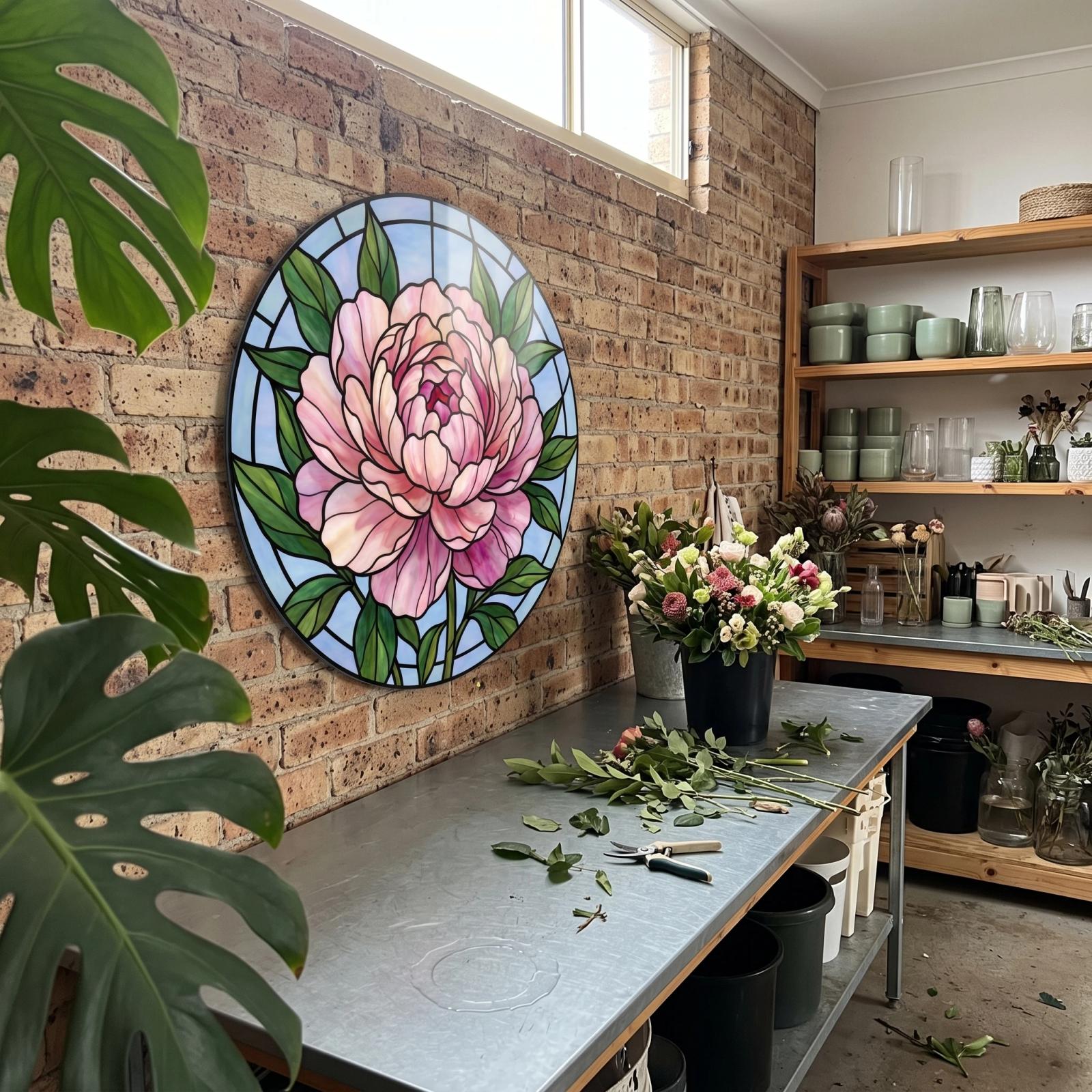 Stained Glass Peony Floral Round Tempered Glass Wall Art — 2